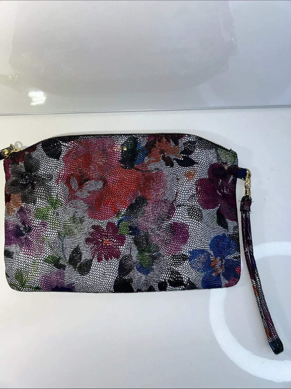 NWOT Lodis Brand Genuine Leather Colorful Floral Print Clutch Wristlet